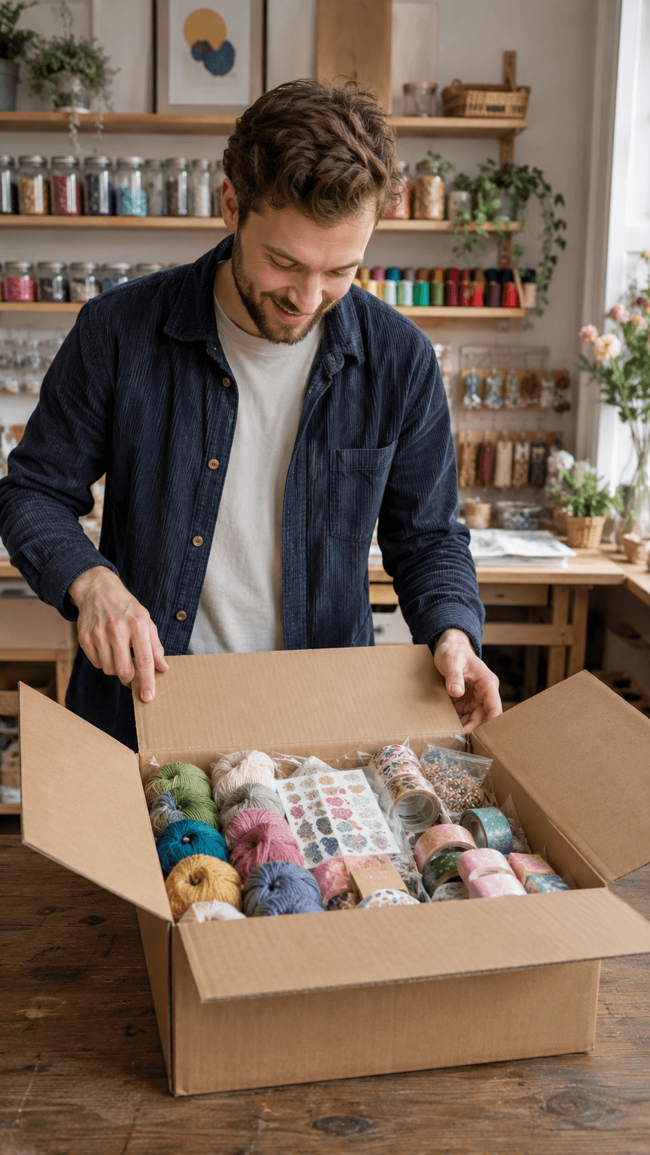 Craft supplies seller opening yarn and small craft items in a carton