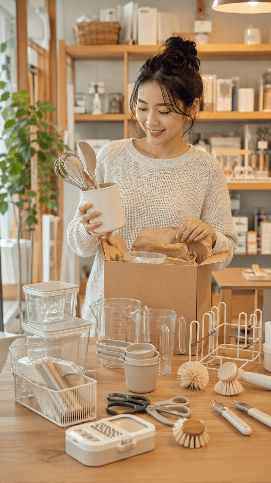 Home goods seller checking kitchen products received in a carton