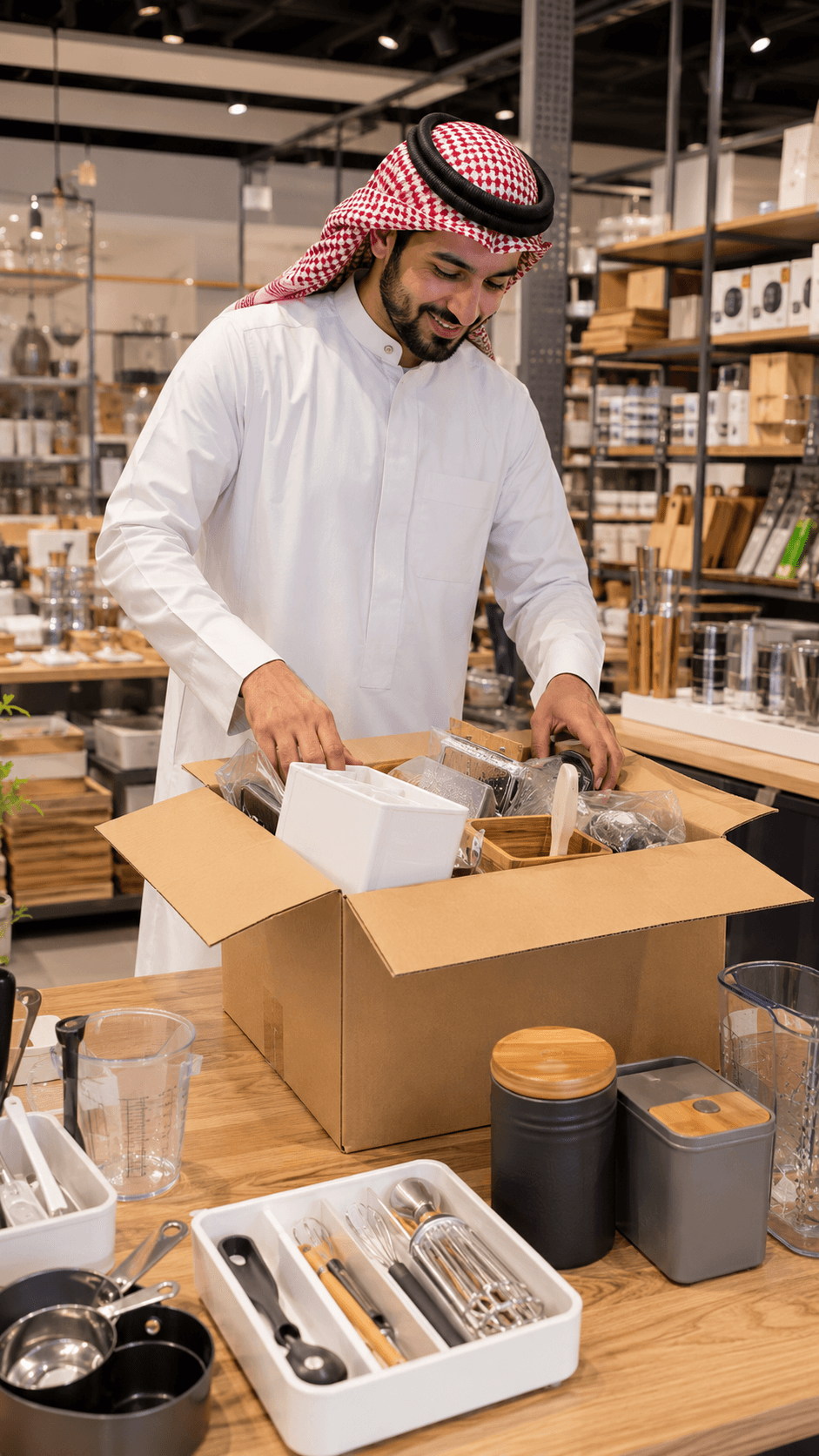 Kitchen goods seller unpacking home and kitchen products