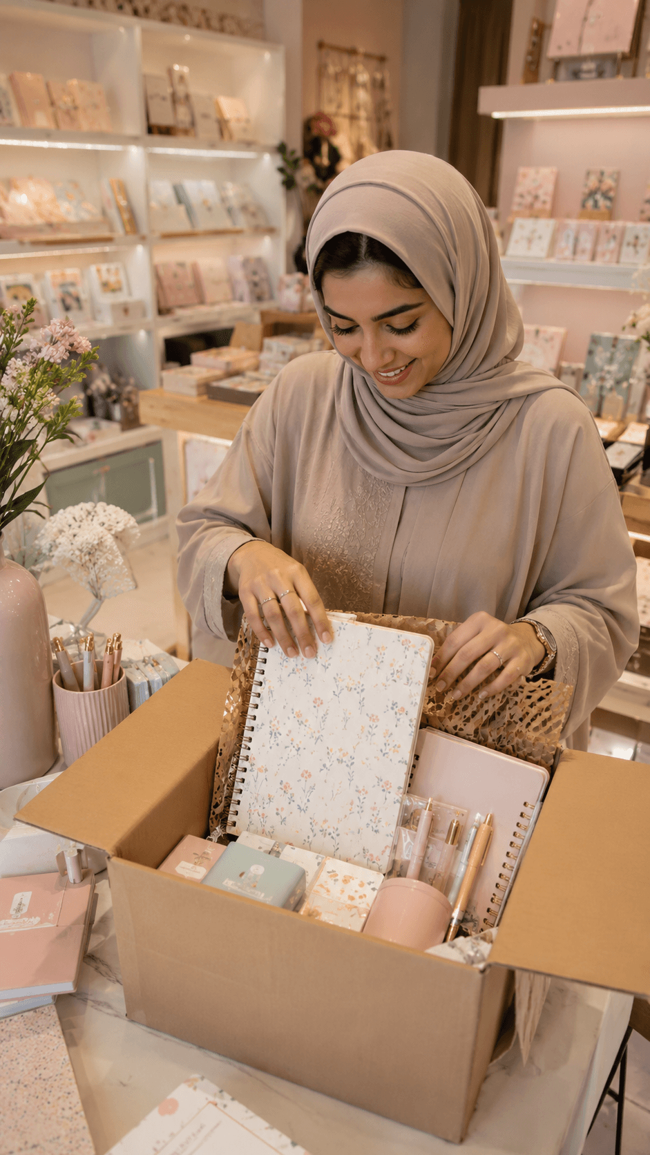 Boutique seller opening organized stationery products from a carton