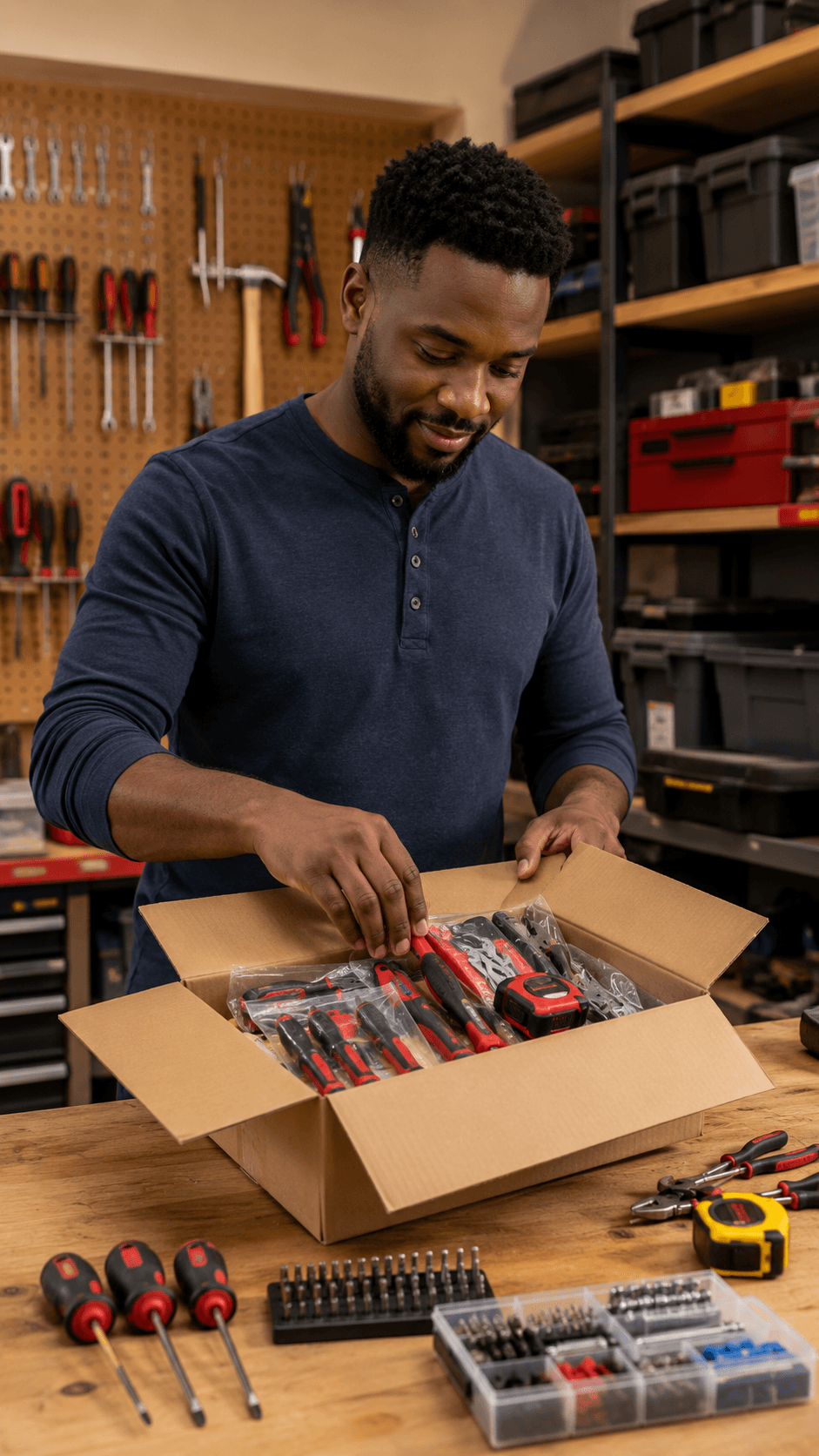 Tools seller opening a carton with practical tool products