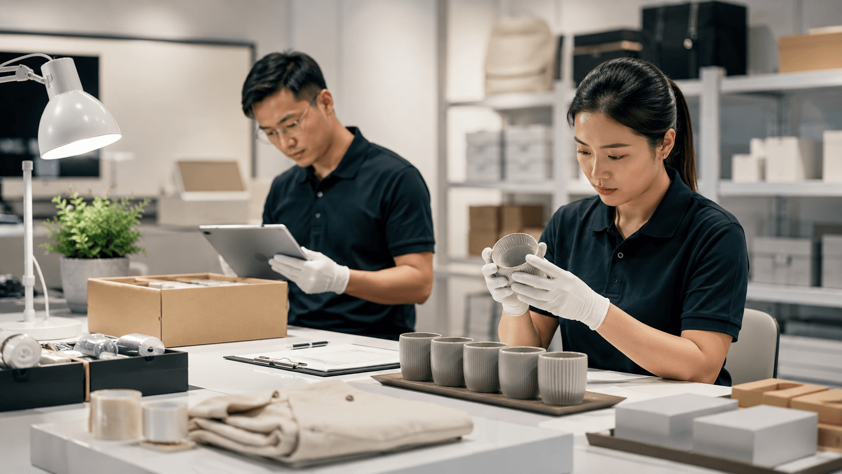 China quality check team inspecting products at a packaging desk